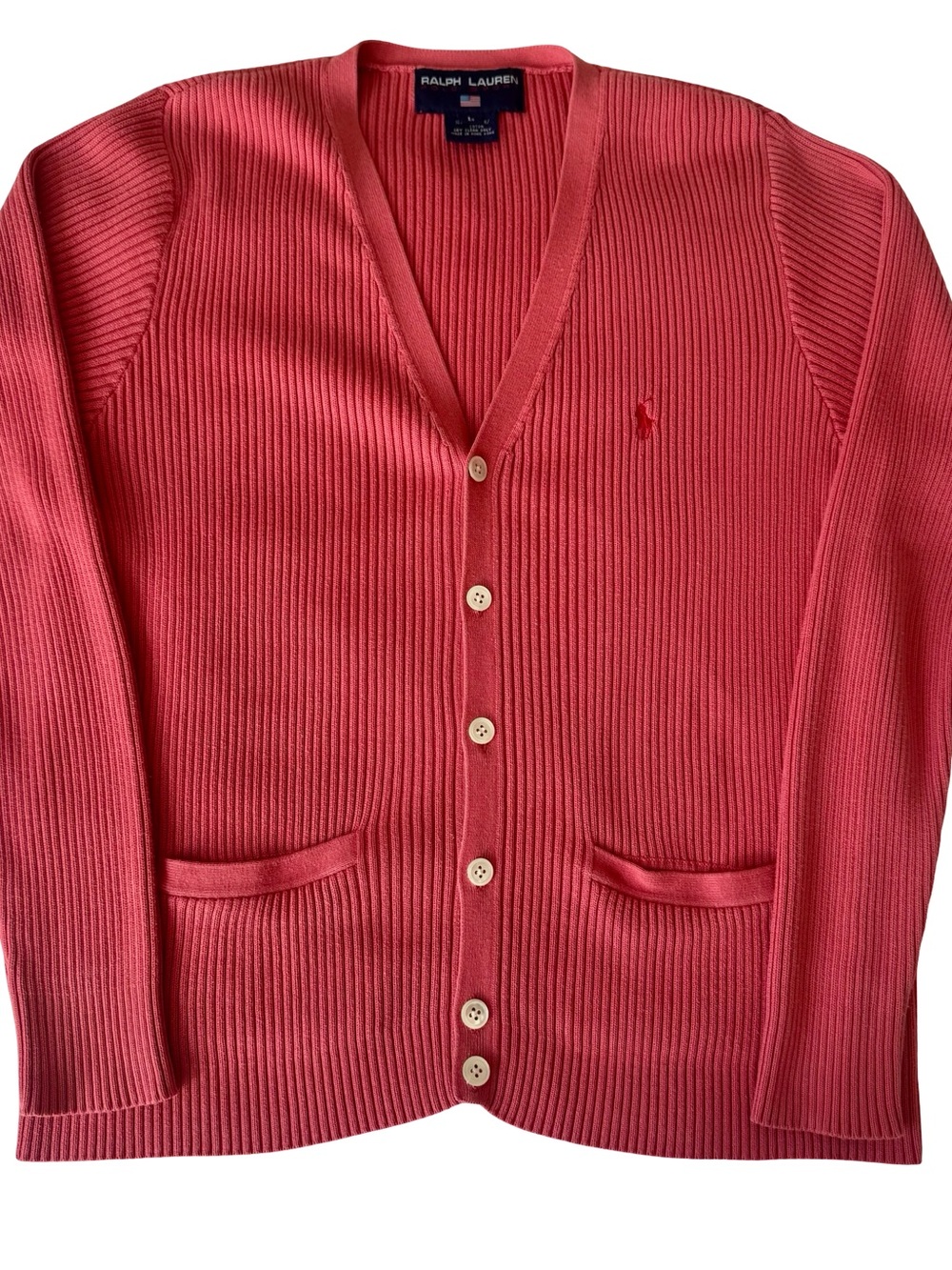 Ralph Lauren Polo Sport Women’s Pink Ribbed Cotton Button-Front Cardigan Size L